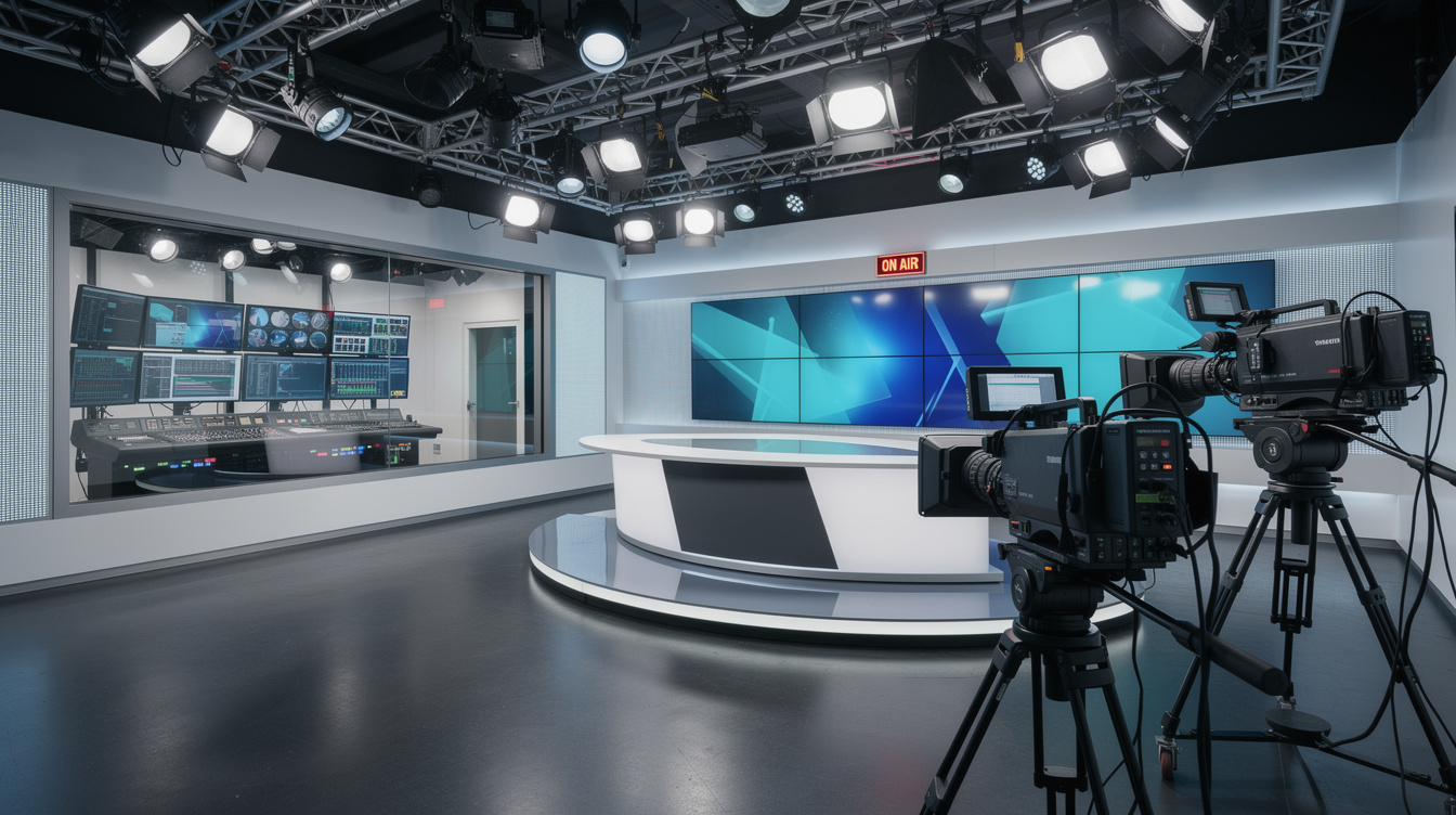 Wide view of a professional broadcast studio interior