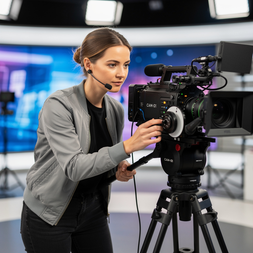Camera operator adjusting a professional camera on a TV set
